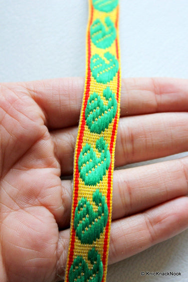 Yellow Fabric Trim With Green And Red Embroidery Thread Lace Trim, 15mm wide